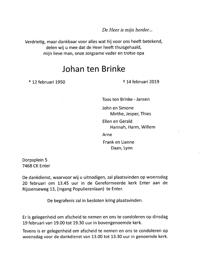 Rouwkaart Johan ten Brinke
